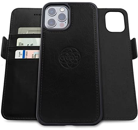 Dreem Fibonacci 2in1 Handyhülle Flipcase für iPhone 12 & 12 Pro | Magnetisches iPhone Case | TPU Etui Lederhülle Schutzhülle, RFID Schutz, Veganes Kunstleder, Geschenkbox | Schwarz