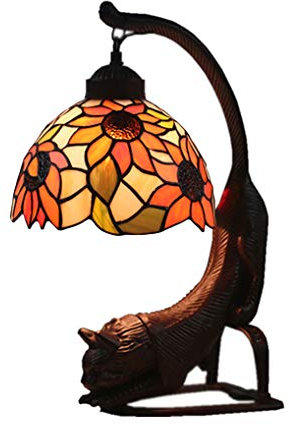 LANMOU 10 Zoll Tiffany Tischlampe Buntglas Tischleuchte Kreative Katze Design Schlafzimmer Nachttischlampe Zinklegierung Basis E27 Schreibtischlampe Esszimmerlampe Dekoration Nachtlicht,C