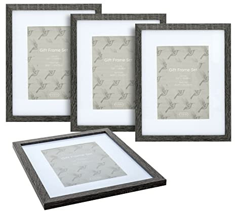Kusso Set of 4 Charcoal Grey Wood-Effect Photo Frames 8x10 Inch / 20x25cm with Mat for 7x5 Inch / 13x18cm Photo - YBOX002C