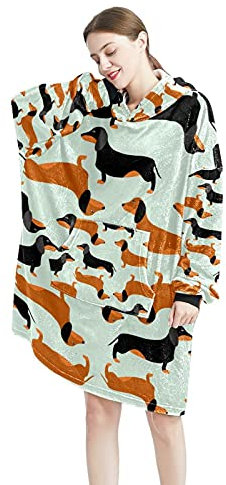 Eslifey Wearable Blanket Hoodie, Oversized Sherpa Flannel Blanket Sweatshirt with Large Front Pocket, for Adults Men Women, Wiener Dachshund Dog