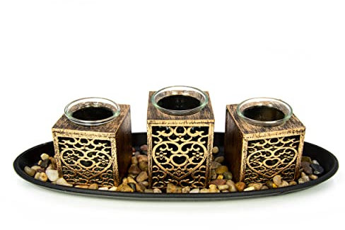 Blümelhuber 3er Set Windlichte - Teelicht Set mit Tablett und Dekosteinen - Windlichter für Drinnen