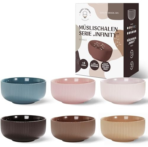 Happy Lemuro Müslischalen Set | 6 x 750 ml | Groß | Für Suppen, Müsli, Ramen - Suppenschüssel Groß - Keramik Schüssel Set - Bowl Schüssel Keramik - Suppenschalen - Schale Keramik - Müslischale Groß