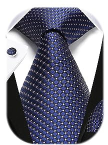 HISDERN Herren Navy blau Plaid Hochzeit Krawatte Einstecktuch KrawattenTaschentuch Manschettenknöpfe Set Geeigneter Hochzeit Fest