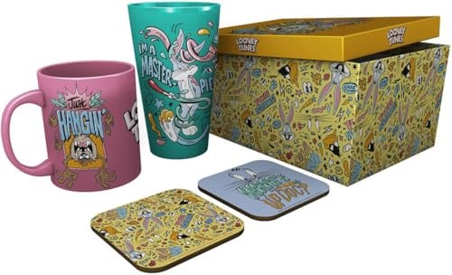 ABYstyle – Coffret Cadeau LOONEY TUNES Vacances – Produit Officiel – 1 Verre XXL 400 ml + 1 Mug 320 ml + 2 Dessous de Verre – Set Collector