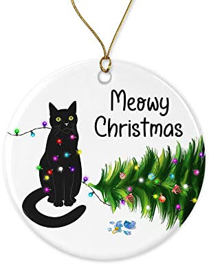 HTDesigns Schwarze Katze Weihnachtsdekoration Christbaumschmuck – lustige Katzen Ornamente – niedliche schwarze Katze Ornament – Katze Weihnachtsschmuck für Katzenliebhaber beidseitig bedruckt