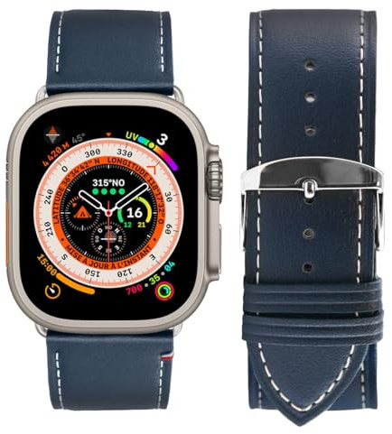 Eternel - Simple tour Bracelet iconique - Compatible toutes Apple Watch - 45/46mm - Fait main en France - Tannage végétal - Bleu Marine - Adaptateurs titane ultra
