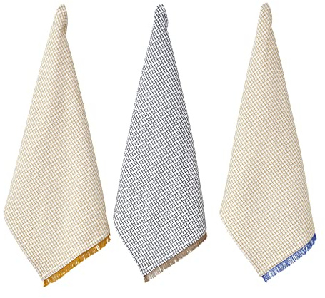 Penguin Home Set of 3 100% Cotton Kitchen Towels, Eco Friendly Sustainable Tea Towels Stylish with Different Pattern, Size - 50x70 cm Colour - White & Ochre Dish Towels