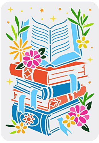 FINGERINSPIRE Livre Pochoir pour Peinture 21x29.7cm Livres Empilés Modèle Réutilisable Pochoir de Livre & Motif de Fleurs Creux pour Peinture Sur Scrapbook Mur Bois, Décor de Retour à L'école