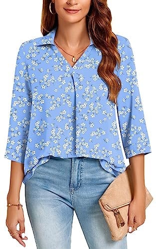 Aodemo Womens Summer Collared V Neck 3/4 Sleeve Shirts Business Casual Pleated Tops Loose Work Dressy Blouses L, Blue White Flower