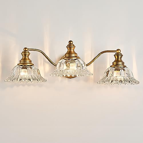 XIEDUN Vintage-Badezimmerleuchte mit 3 Leuchten, Badezimmerbeleuchtung, mattes antikes Messing-Finish mit Kristallglas-Schirm, Vintage-Kosmetikleuchte für Badezimmer