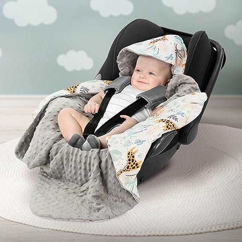 Joyz Einschlagdecke mit Kapuze, Safari mit grauem Minky, 100% Baumwolle, 84x84 cm, Doppelseitig, Universal für Babyschale, Autositz, Kinderwagen oder Buggy, Kuscheldecke Ganzjahresdecke Babydecke