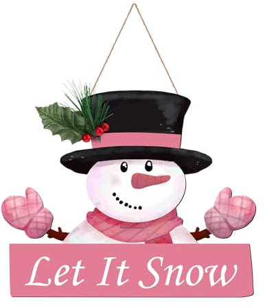 Qunclay Pink Let It Snow Türschild Winter Weihnachten Türdeko Holz Schneemann Haustür Dekor Weihnachten Türschild Hängende Dekoration Weihnachten Wanddekor Türhänger für Home Veranda 30 cm