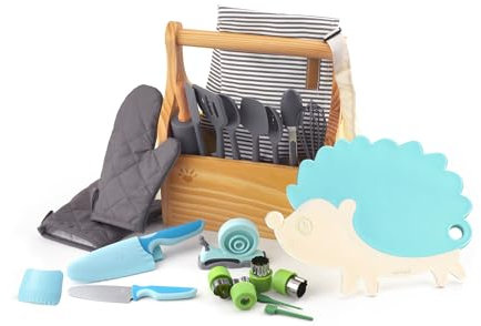 Kibbidea 23 piezas niños cocina y pastelería, juego de rollo, cocinero conjunto de cocina infantil, látigo, delantal, kit de cocina infantil 3 años, Azul
