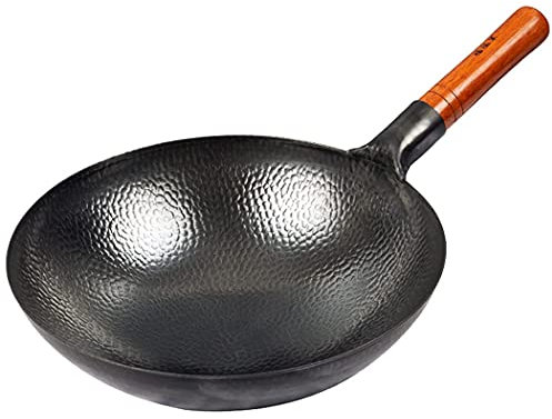 Woks & stir-fry pans,Carbon Steel Wok, Profession Chinese Traditional Hand Hammered Carbon Steel Pow Wok with Premium Elm Handle, Uncoated Non-Stick Pan,34cm/13.4inch