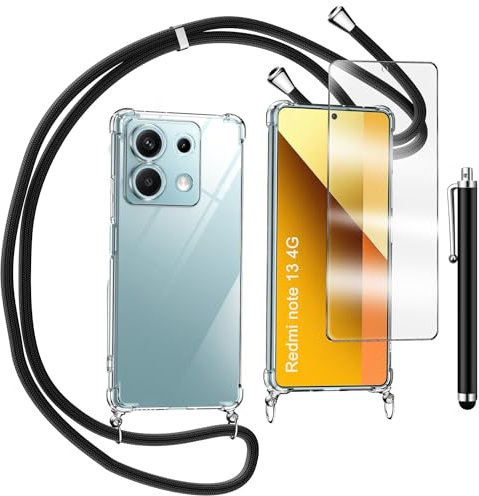 TTSWJBD Handykette für Xiaomi Redmi Note 13 4G Hülle mit Displayschutzfolie Schutzfolie, Necklace Handyhülle mit Abnehmbar Kordel zum Umhängen Transparent Silikon Schutzhülle mit Band in Schwarz