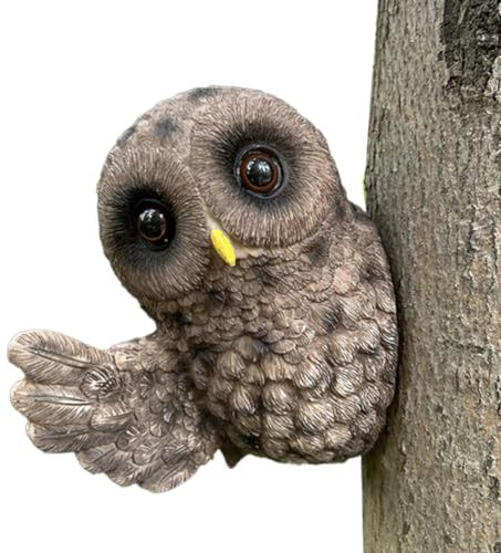 Joy PerfvmE - Eulen-Skulptur aus Harz, 16cm - Baumstamm Deko für Garten, Authentische Wildtierfigur, Wetterfest und Montagefreundlich(BROW)