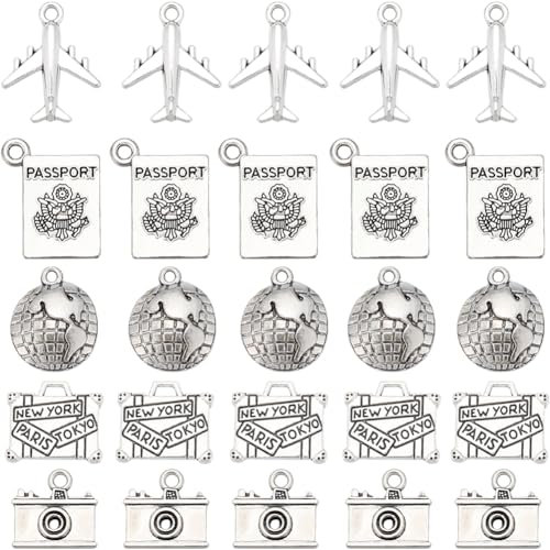 SUNNYCLUE 1 scatola 80 pezzi 5 stili Lega Ciondoli Da Viaggio Ciondoli per Passaporto Sfuso Argento Tibetano Retro Metallo Aereo Fotocamera Mappa Valigia Fascino per Creazione di Gioielli Charms For