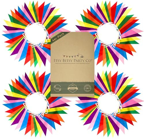 Premium Wiederverwendbare Wimpelkette Outdoor Wetterfest - wasserdichte Stoff Girlande Outdoor Banner Deko Party - Regenbogen Girlande Geburtstag, Gartenparty, Sommerparty Deko (56m,168 Große Fahnen)