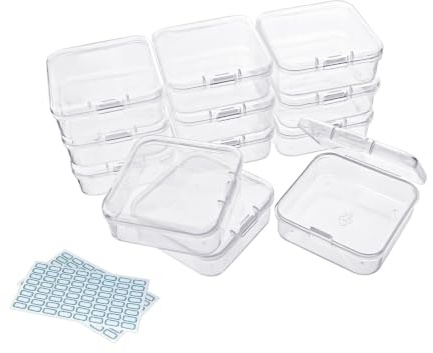 DUOFIRE Small Storage Boxes with Lids, 12 Pieces, 5.3 x 5.3 x 2 cm | Mini Plastic Clear Beads Storage Containers Box for Small Items, Beads, Jewelry, Business Cards, Game Pieces, Crafts