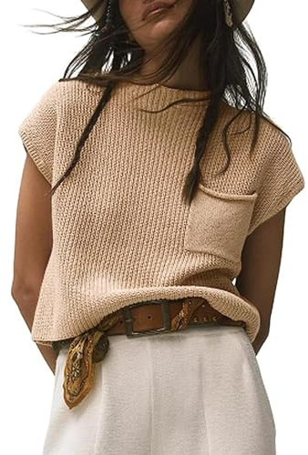 Saodimallsu Damen T-Shirt Pullover Sommer Kurzarm Strickpullover Oberteile Rundhals Leicht Basic Tops Einfarbig Elegante Shirts Tee mit Tasche Khaki S