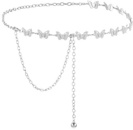 Amaxiu Damen Taillenkette Gürtel, Frauen Metall Schmetterlings Taillenkettengürtel Gold Silber Verstellbarer Taillenkette Körperglieder Kettengürtel Für Kleider Jeans Mädchen und Frauen(Silber)
