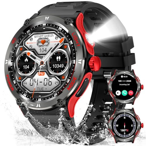 Marsyu Smartwatch Herren Militär mit Telefonfunktion mit LED Taschenlampe/Kompass, 500 mAh Lange Akkulaufzeit 1,53 Outdoor Sportuhr mit 24H Herzfrequenzmonitor 3ATM Wasserdicht Fitnessuhr (Rot)