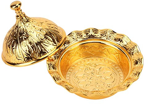 Hapivida Bol à Bonbons Doré avec Couvercle, Sucrier à Revêtement Vintage, Plateau de Service de Fruits Turcs, Plat à Bonbons Décoratif en Gaufrage Floral Doré pour Mariage, Fête (1Pcs)