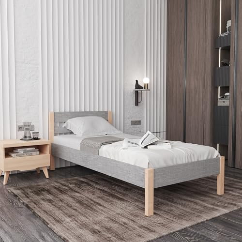 Hansales Holzbett 80x200 cm Kaja Scandi Style mit Rollrost - mit Stoffbezug - Farbe Grau - aus behandeltem FSC® Birkenmassivholz - Farbe braun - 350 kg - Einzelbettgestell mit Kopfteil