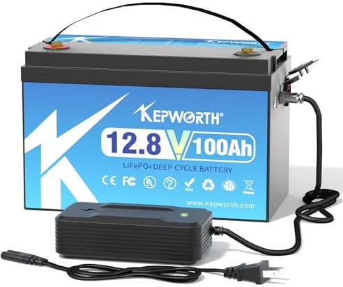 KEPWORTH Bateria Litio 12V 100Ah Batería LiFePO4, 100A BMS, Baterias Solares para Caravana Energía de Respaldo Aplicación Fuera Red Barco Motor de Arrastre