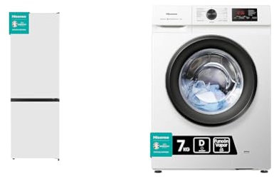 Hisense RB372N4AWE - Frigorífico Combi, Eficiente Clase E, Capacidad 292 L con 180 cm Alto, Cajón & WFVB7012EM - Lavadora con Vapor, Carga Frontal 7 Kg, 1200 rpm, 15 Programas