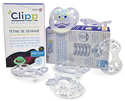 CLIPP Kit - Tétine de Sevrage Phosphorescente + 5 Collerettes pour Arrêt Progressif + Notice - Sevrage par Paliers, Facile et en Douceur - Dispositif Breveté - Fabriqué en France - À Partir de 2 Ans