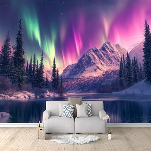 Fototapete Nordlichter Verschneite Berglandschaft 350x256 cm Vlies Tapete 3D Effekt Moderne Wandtapete Dekoration, für Wohnzimmer Schlafzimmer TV-Hintergrund Wanddeko Wallpaper