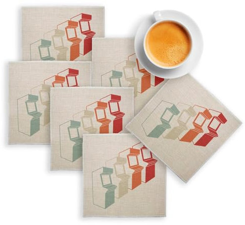 sous Verre en Lin - Borne Arcade Retro Gaming Jeux Vidéo - Lot de 6 (100 x 100 mm)