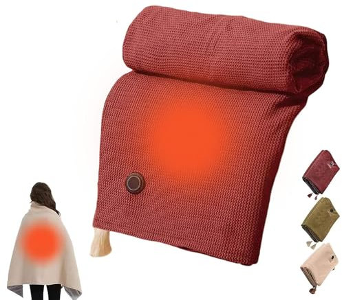 Kouamor Portable Heated Blanket, USB Heated Blanket, Heated Shawl Wraps for Women, Rapid Heating and 3 Heating Levels, Portable Soft Zipper Electric Heated Blanket Shawl for Home (Maple Leaf Red)