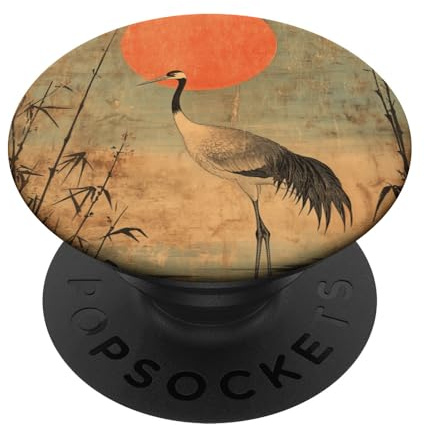 Vintage Kranich und rote Sonne Vintage japanische Holzblockkunst PopSockets Klebender PopGrip