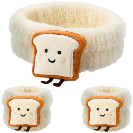 Schwamm Stirnband Armband Sets,3 PCS Niedliches Cartoon-Toast Gesichtswaschband mit Haarband Weiches Hautpflege-Set für Skincare Make-up SPA & Yoga Inklusive Handgelenkband & Stirnband