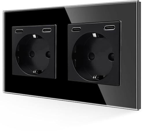 JIMEIDA Doppelsteckdose Glas mit USB C 20W Schnelles Laden Schwarz,Schuko Steckdosen Two Typ-C Port,Unterputz 157mm,16Amp 250V