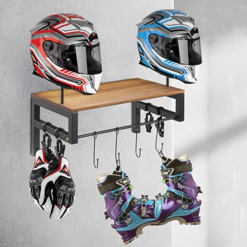 Teodute Helmet Stand, Motorbike Helmet Holder with 4 Clips and 4 Hooks, Versatile Helmet Mount Wall Organizer for Motorcycle and Cycling Equipment