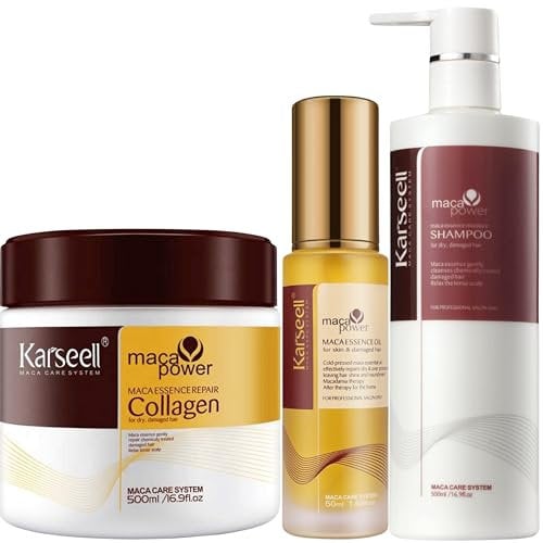 Karseell MACA CARE SYSTEM Mascarilla Capilar Colágeno + Sérum Aceite Argán + Champú Hidratante Reparador Nutritivo Antifrizz Brillo Maca Coco Cabello Seco Dañado Frágil Sin Sulfatos Todo Tipo Cabello