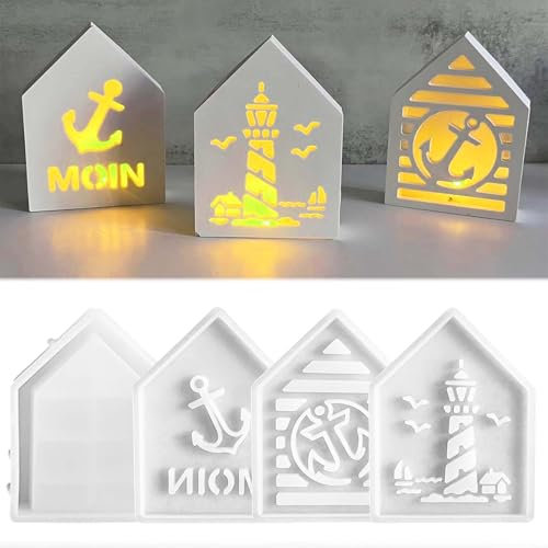 4PCS Silikonformen Gießformen Maritim Haus TREABEAR, Silikonform Haus Leuchtturm mit Anker, Leuchtturm Silikonform Häuser, Gipsformen Zum Gießen Lighthouse mit Seagull,Gießform Ostern