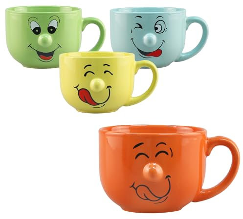 4-tlg. Set Lustige Tassen mit Gesicht - Kaffeetassen witzig - Kaffeebecher lustig - Kaffebecher mit Gesicht - Tassen für Kinder - Wizige Tassen mit Gesicht - Becher Größe 500 ml