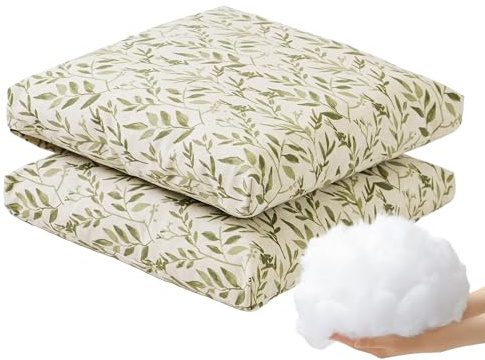 Viste tu hogar Pack 2 Cojines Silla Exterior 40x40cm, Tela Alta Densidad, 50% algodón 50% Poliéster, Impermeables, Resistentes UV Y Desgarro, Lazos De Sujeción,Hoja Fina Verde,Fabricado En España