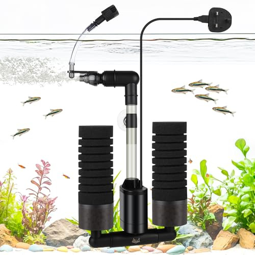 AQQA Electric Sponge Filters for Aquarium, 3W/5W Dual Sponge Ultra Quiet Fish Tank Filter, Adjustable Air Intake & 360° Rotatable Outlet & Bio Ceramic Media (220V Adapter Included)