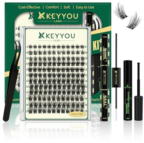 KEYYOU DIY Lash Cluster Kit, D Curl Lashes 8-16 mm with Bond and Tweezers | Pestañas de fibra ligera suave con pegamento tweezer fácil de bricolaje para el hogar, reutilizables, sin salón de belleza