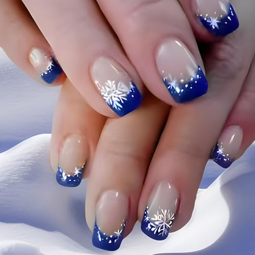 Weihnachten Kurze Quadratische Künstliche Nägel Set Blau Weiß Schneeflocken Designs Glänzende Vollabdeckungen Für Einfache Maniküre 24-teilige Blaue Farbverlaufs Französischspitze