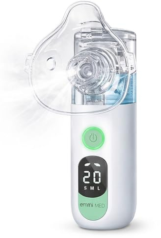 emmi MED Inhalationsgerät Kinder und Erwachsene, LED-Display, inkl. 2 Masken & 1 Mundstück, automatischer Reinigungsfunktion, Vernebler Inhaliergerät individuell Anpassbar & ideal für unterwegs