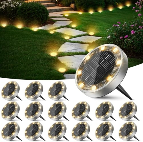 Peasur 16 Stück Solar Bodenleuchten Aussen, 8 LED Solarlampen für Außen Garten Wetterfest, Warmweiß Solarleuchten Gartenbeleuchtung für Rasen Beet Weg Gehweg Blumentopf Boden Draußen