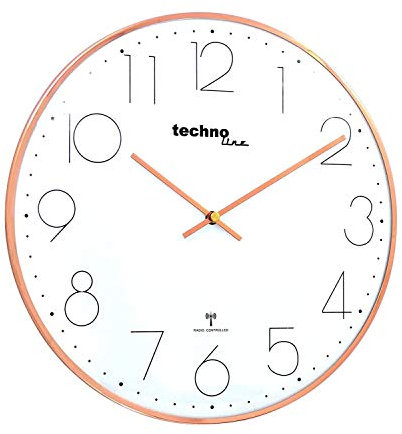 moderne, filigrane Funkwanduhr mit gewölbter Glasabdeckung und einem sehr übersichtlichen Ziffernblatt, von Technoline, 40 x 2,5 x cm, Rosé - Gold