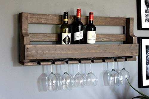 Scaffale da vino in legno per la parete - con portabicchieri - marrone - pronto per il montaggio - scaffale per bottiglie e bicchieri da vino