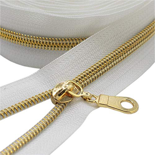 YaHoGa 9 m goldfarbenen endlos Reißverschluss Meterware weiße Reissverschluss 6mm-Spirale + 25 Nonlock-Zipper (goldfarbenen weiße)